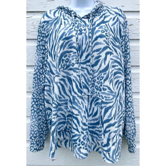 Alfred Dunner Sweaters - Alfred Dunner Sweater Hooded Womens XL Blue Animal Print Light Coastal Beach